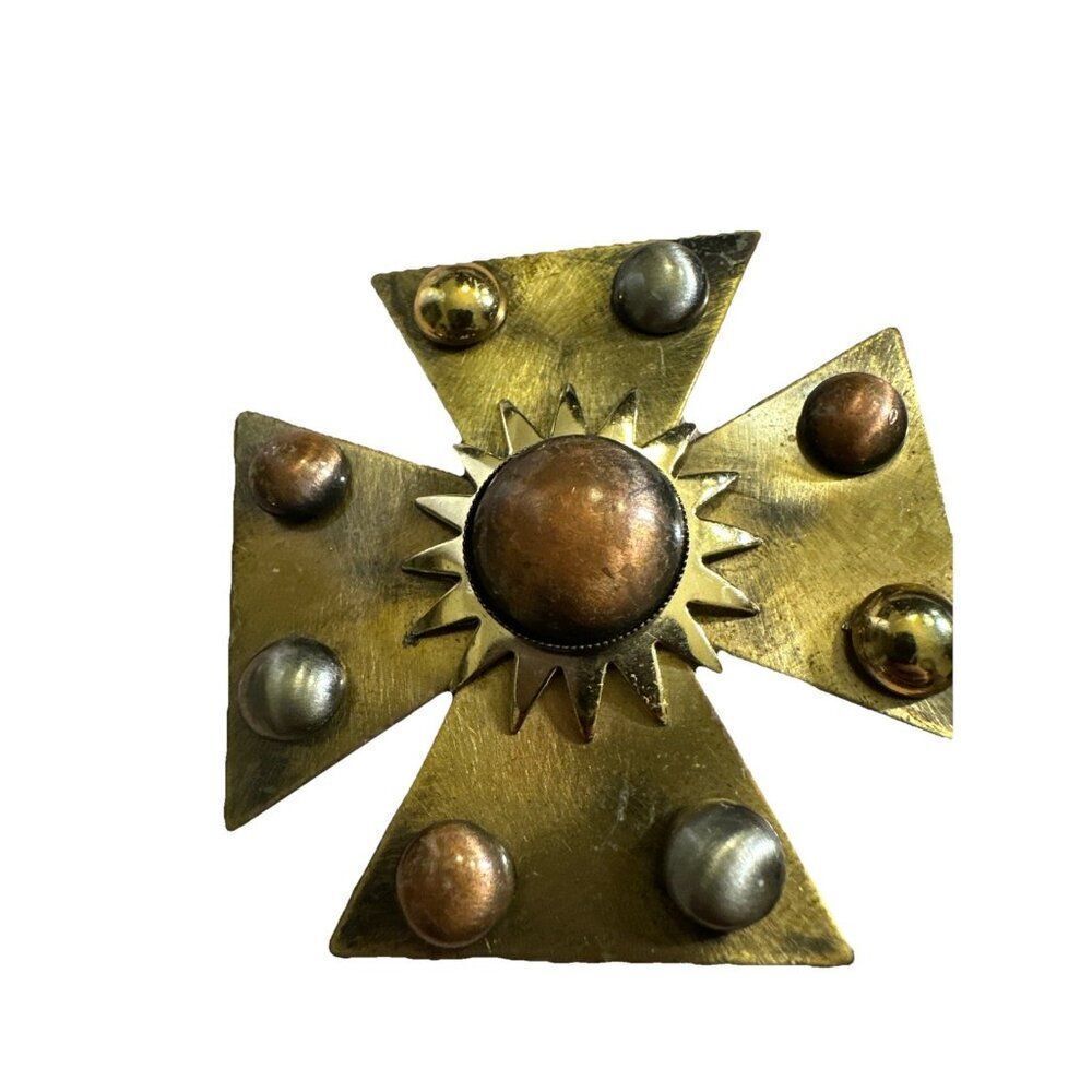 Vintage Maltese Cross Brooch Pin Pendant Gold Tone Jeweled MCM Handmade Retro